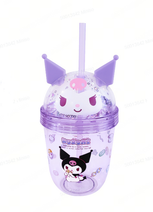 Kuromi Sweet Factory Double Wall Plastic Bottle with Heart Straw 440mL