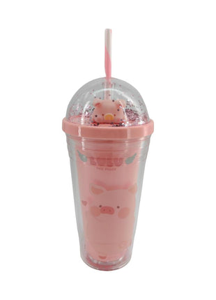 LuLu the Piggy Collection Double Wall Plastic Bottle with Straw 480mL
