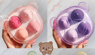 Makeup Sponge with Bear Storage Case (4 pcs, Pink/Purple)