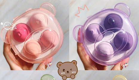 Makeup Sponge with Bear Storage Case (4 pcs, Pink/Purple)