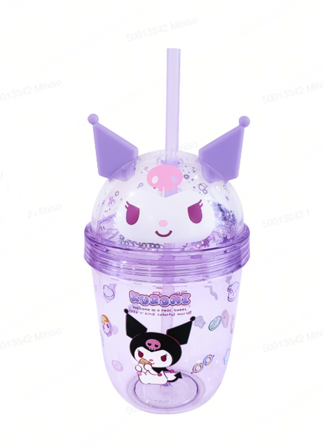 Kuromi Sweet Factory Double Wall Plastic Bottle with Heart Straw 440mL