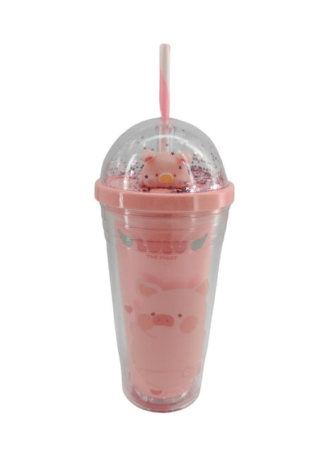 LuLu the Piggy Collection Double Wall Plastic Bottle with Straw 480mL