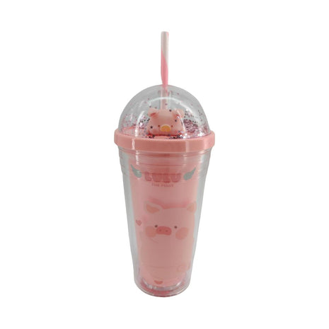 LuLu the Piggy Collection Double Wall Plastic Bottle with Straw 480mL