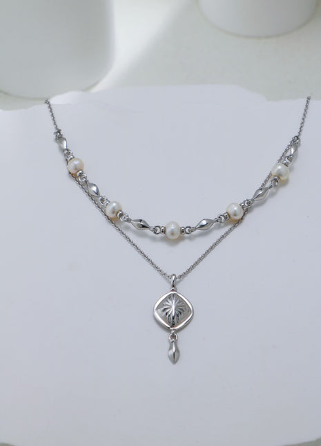 S925 Silver Pearl Double Necklace D0479
