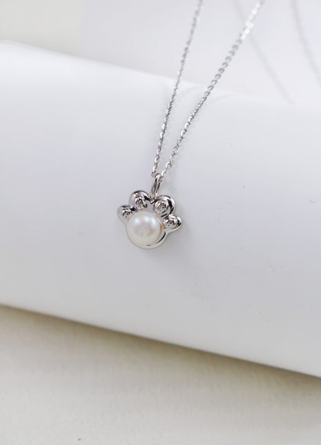 S925 Silver Pearl Cat Paw Necklace D0484