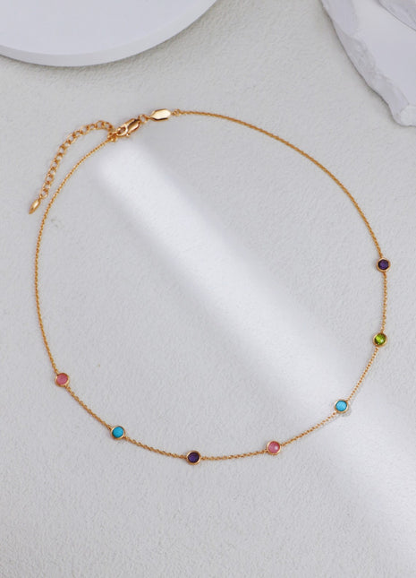 S925 Silver Round Diamond Trimmed Gemstone Necklace XL0016