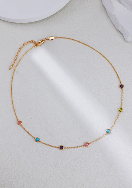 S925 Silver Round Diamond Trimmed Gemstone Necklace XL0016