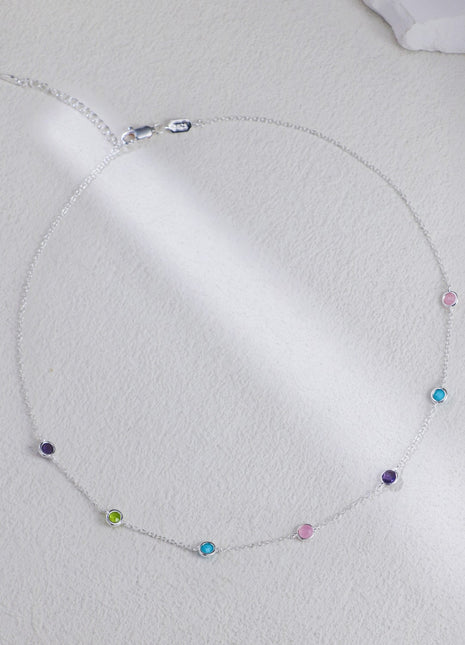 S925 Silver Round Diamond Trimmed Gemstone Necklace XL0016