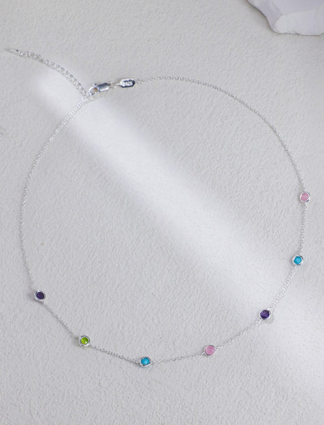 S925 Silver Round Diamond Trimmed Gemstone Necklace XL0016
