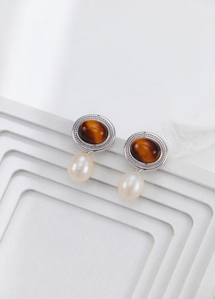 S925 Silver Tiger Eye Pearl Earrings CE0265