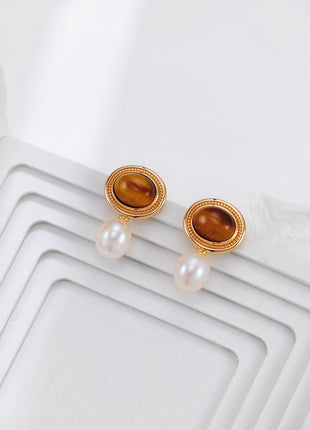 S925 Silver Tiger Eye Pearl Earrings CE0265