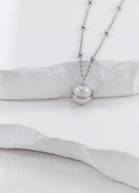S925 Silver Pearl Flying Saucer Necklace D0529