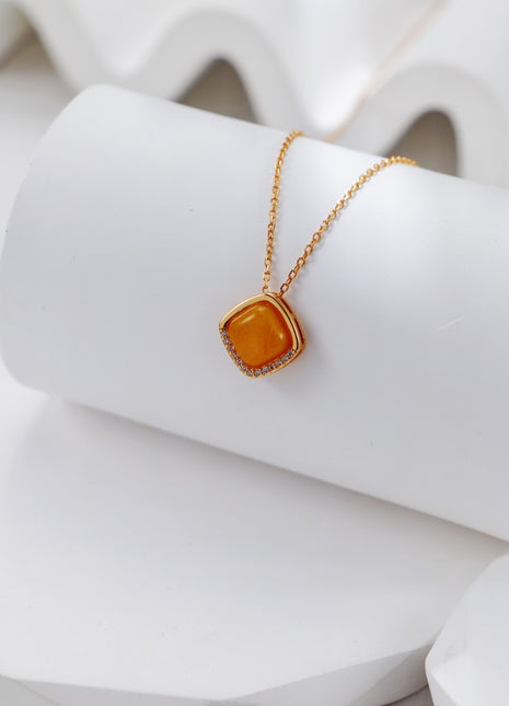 S925 Silver Vintage Gold Amber Zircon Necklace D0532