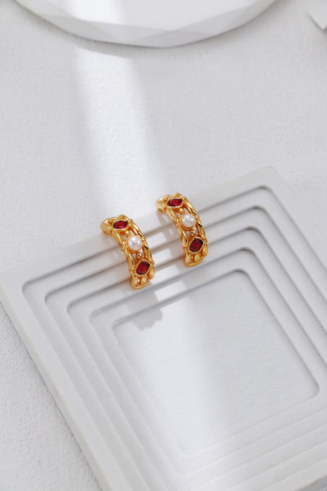 S925 Silver Pearl Red Zircon Earrings CE0320