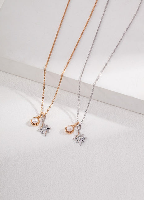Pure Silver Twin Moon Star Necklace D0369