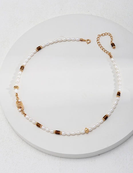 Pearl Tiger Eye Vintage Necklace D0485-2