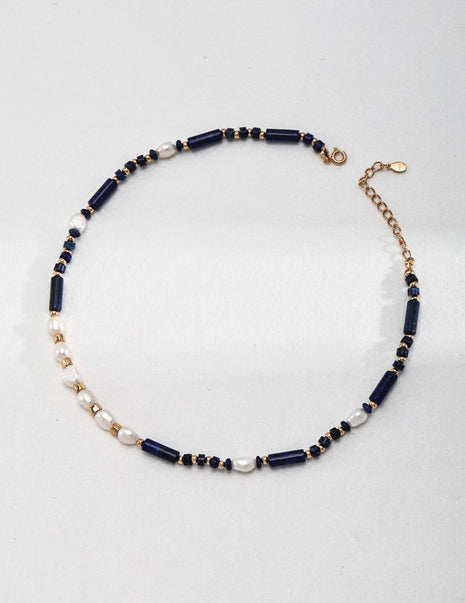 Sterling silver lapis lazuli pearl necklace D0503