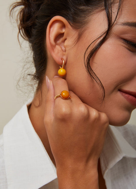 S925 Silver Vintage Gold Amber Ring J0380